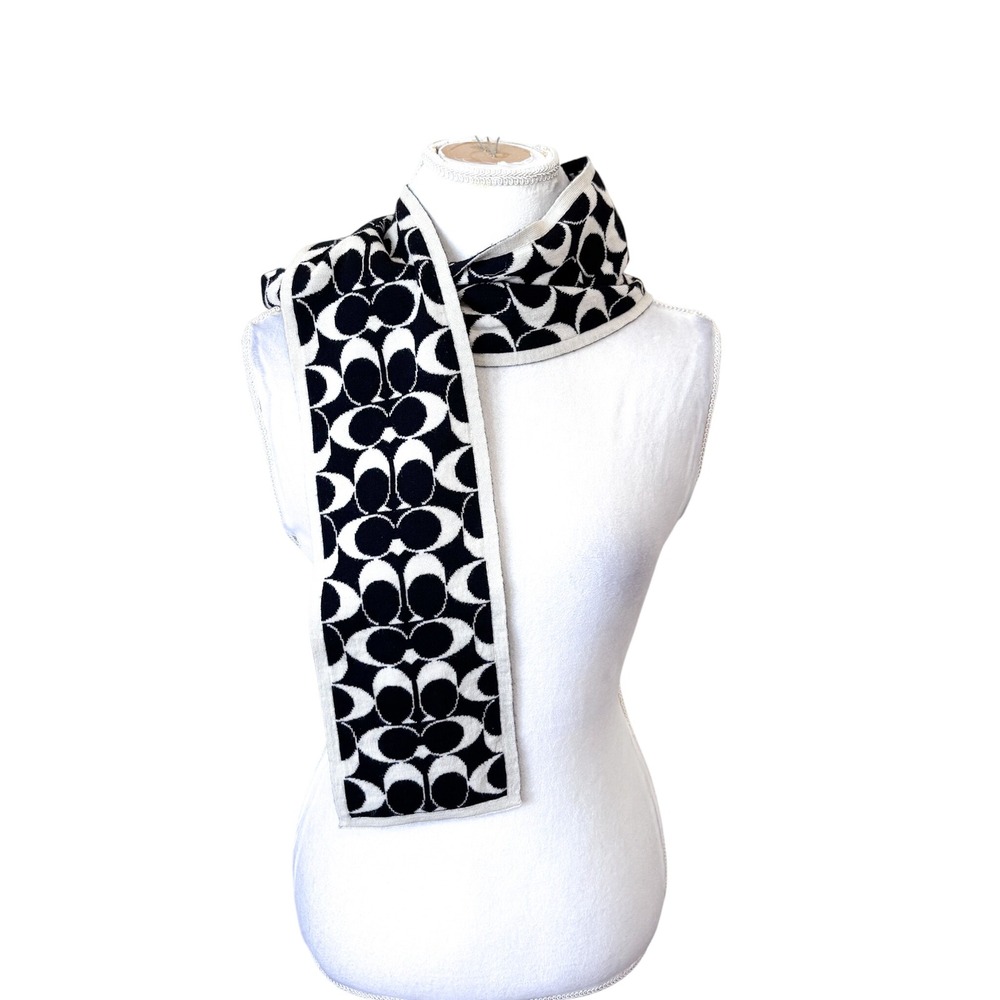 Coach Signature C Monogram Knit Scarf Black White Striped Merino Wool OS 5X51